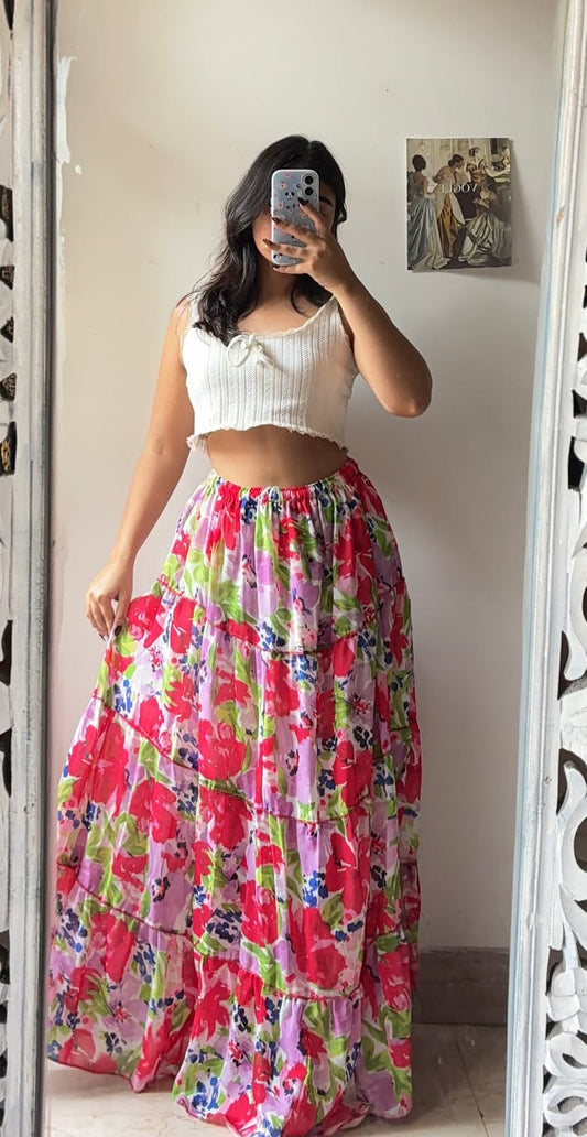 Multi-Colored Floral Flared Skirt