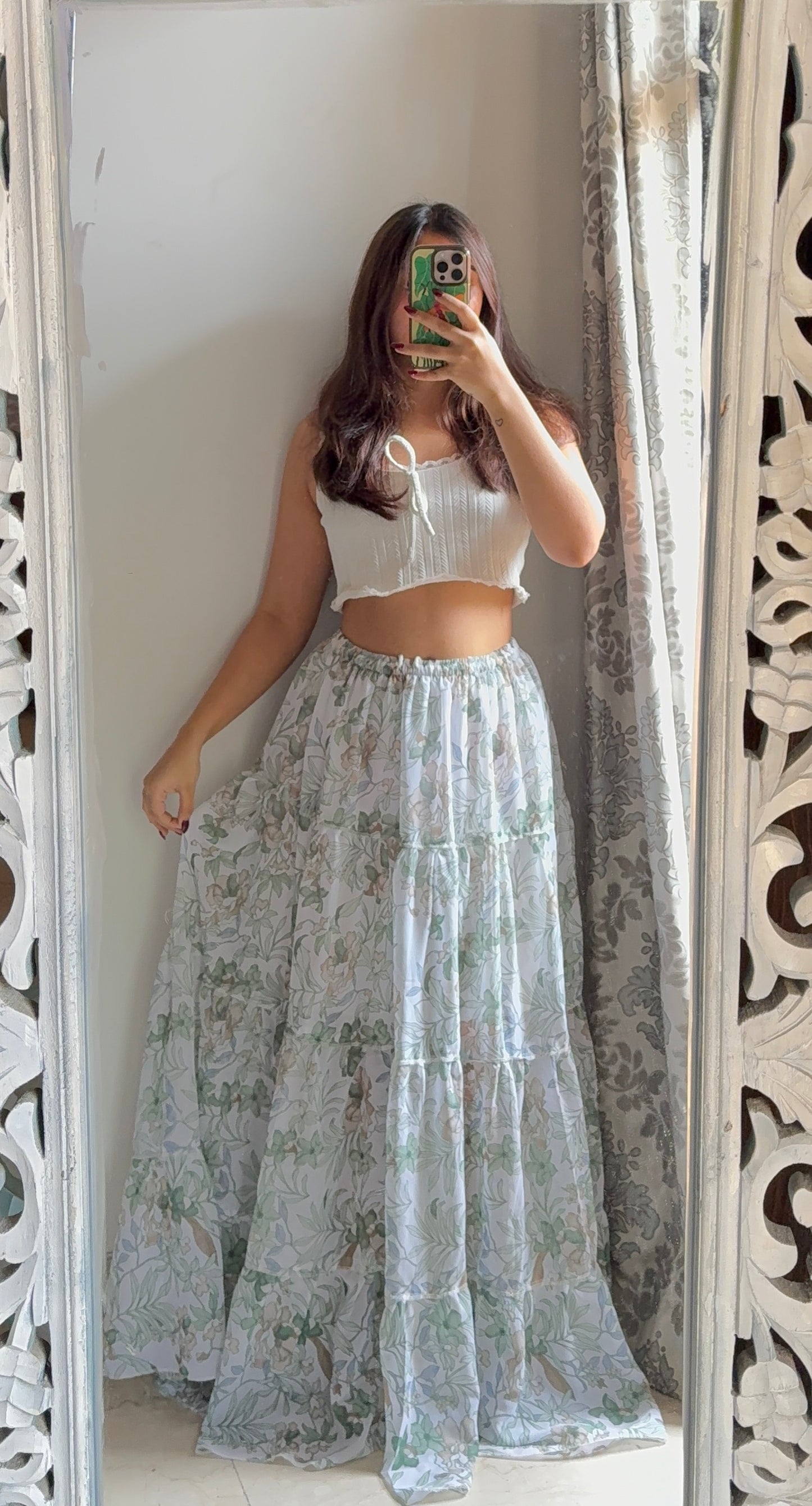 Greeny Floral White Skirt