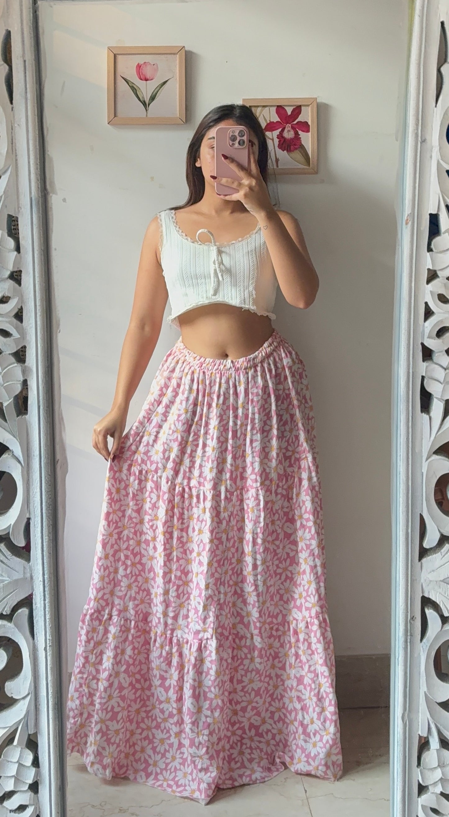 Pinteresty Light Pink Floral Skirt