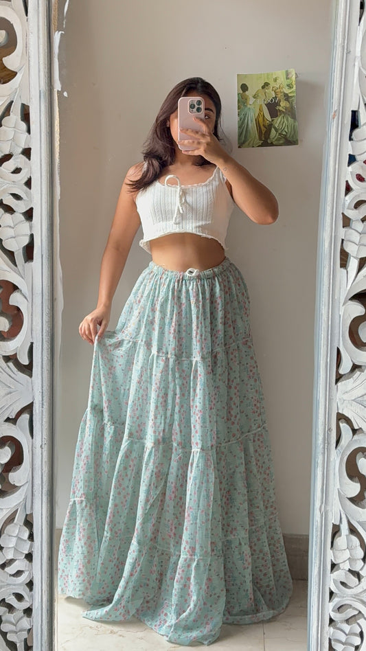 Pastel Green Mini Floral Skirt