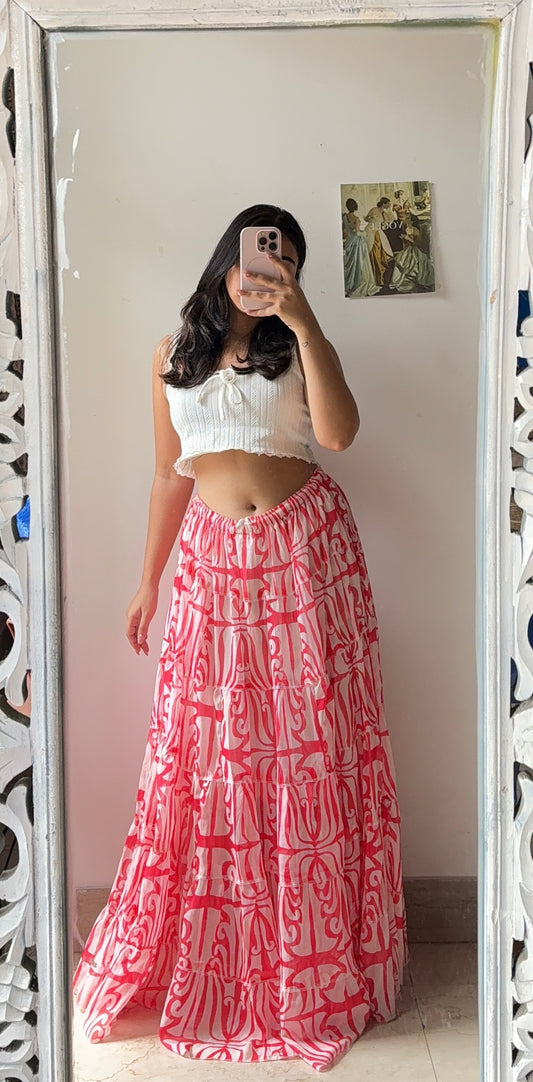 Abstract Print White&Red Skirt