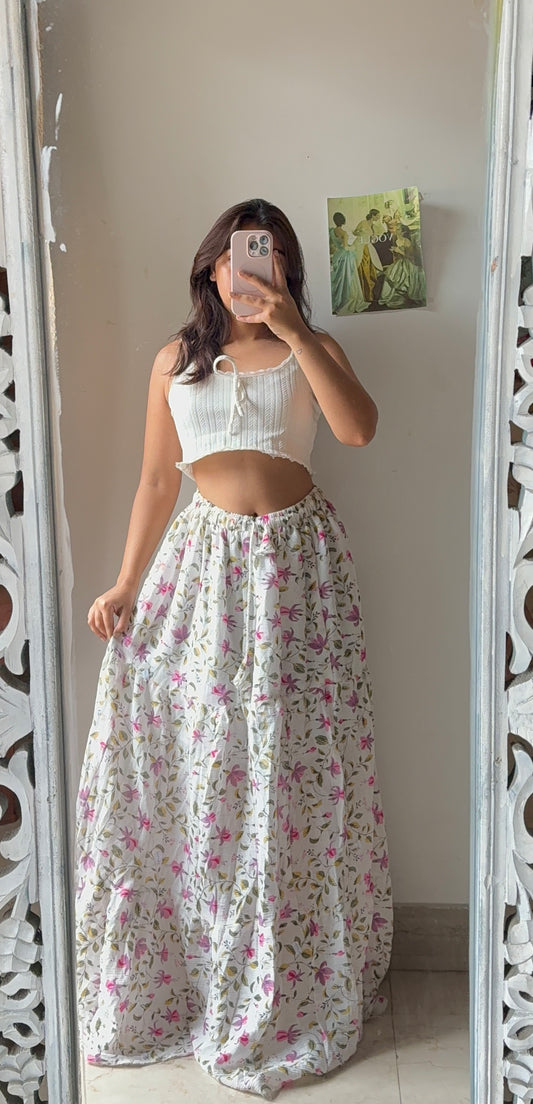 White Alluring Pink Floral Skirt