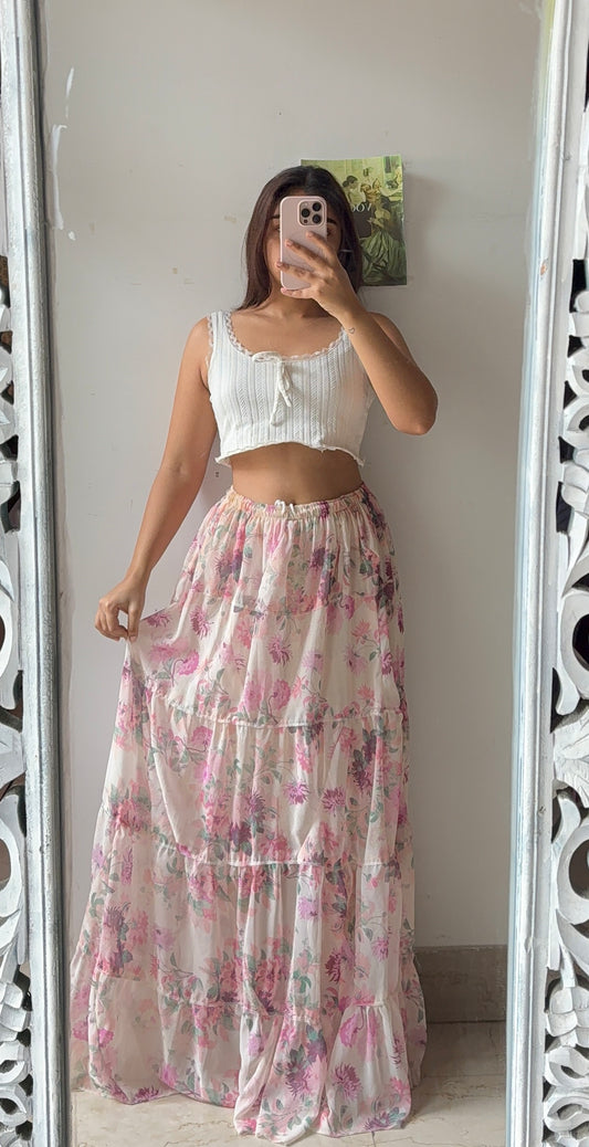 White Striking Floral Skirt